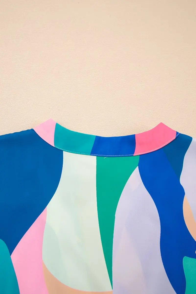 Blue Abstract Print V Neck Cap Sleeve Pocketed Mini Dress - Love Salve